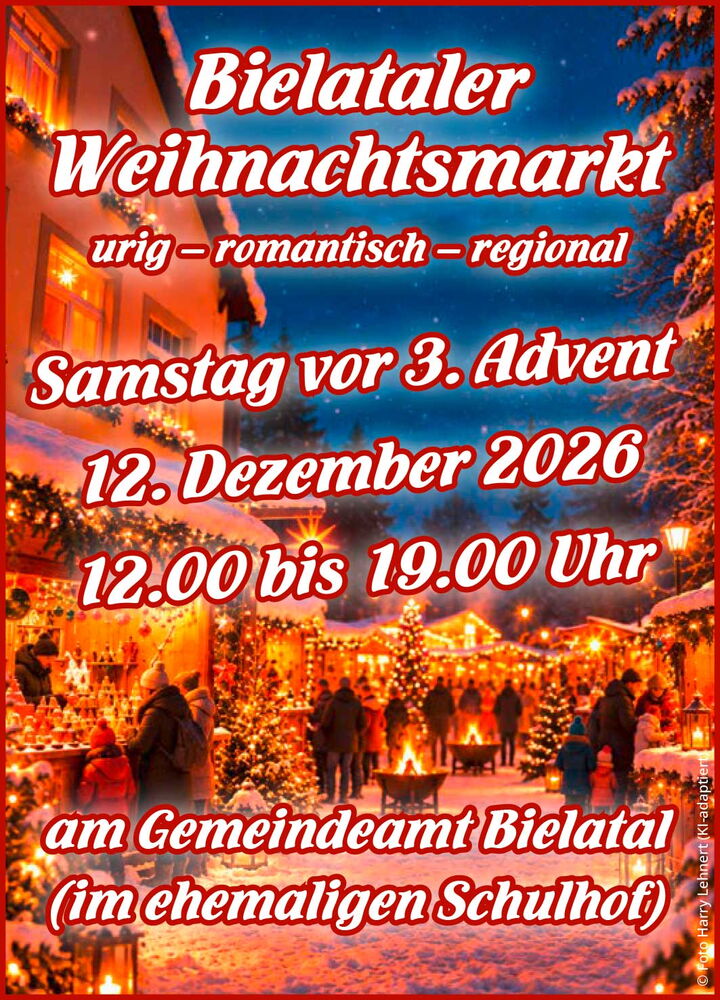 Werbung save the date für Weihnachtsmarkt in Bielatal am 12. Dezember 2026 von 12:00 bis 19:00 Uhr